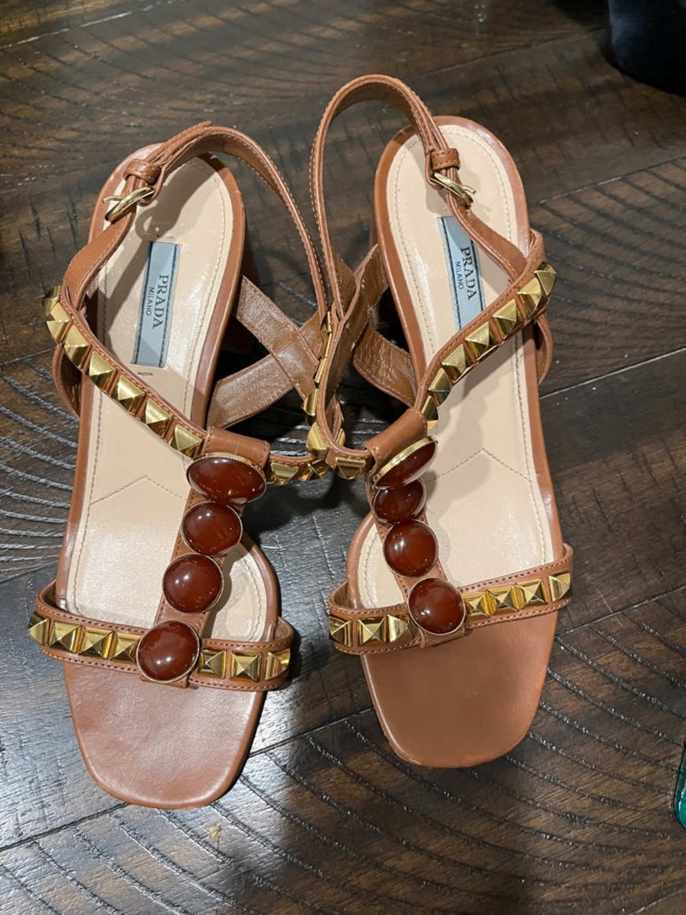 Prada Tan Leather Studded Slingback Sandals with Amber Beads